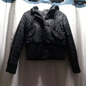 Steve Madden Black Bomber Jacket with Ribbed Hem Y2K Missing The Fur In Hood.